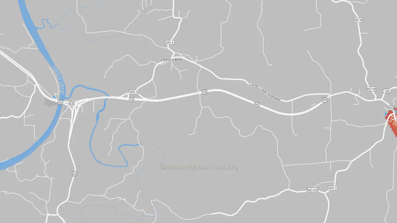 Walk Grade map of 65054, MO, walkable areas in green and car-dependent areas in red