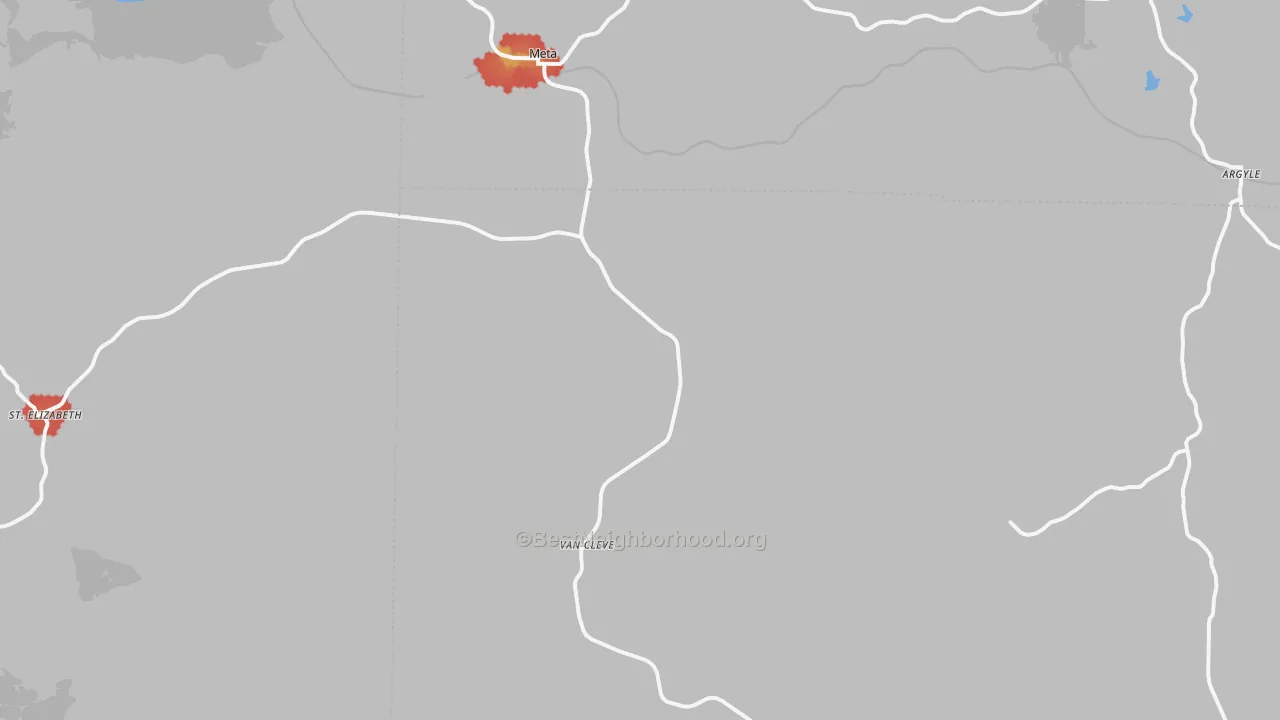 Walk Grade map of 65058, MO, walkable areas in green and car-dependent areas in red