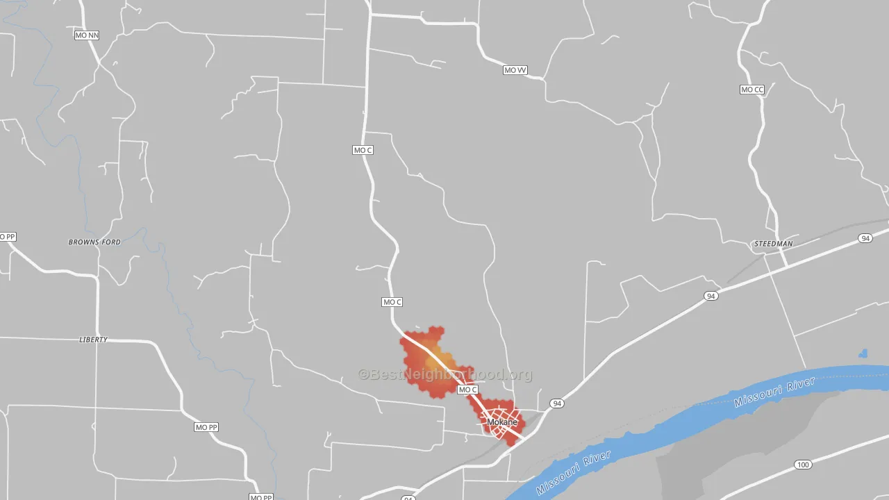 Walk Grade map of 65059, MO, walkable areas in green and car-dependent areas in red