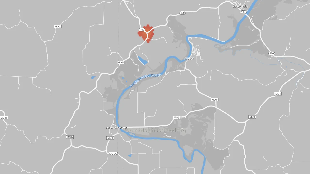 Walk Grade map of 65061, MO, walkable areas in green and car-dependent areas in red