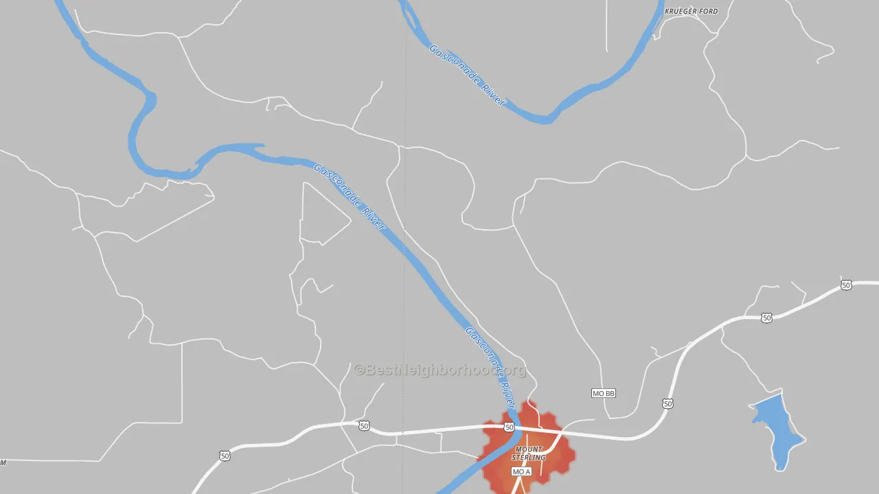 Walk Grade map of 65062, MO, walkable areas in green and car-dependent areas in red