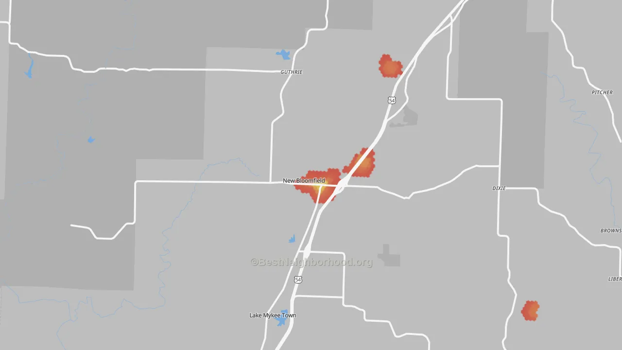 Walk Grade map of 65063, MO, walkable areas in green and car-dependent areas in red
