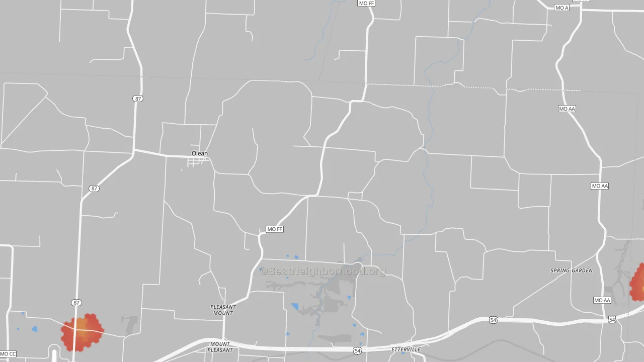 Walk Grade map of 65064, MO, walkable areas in green and car-dependent areas in red