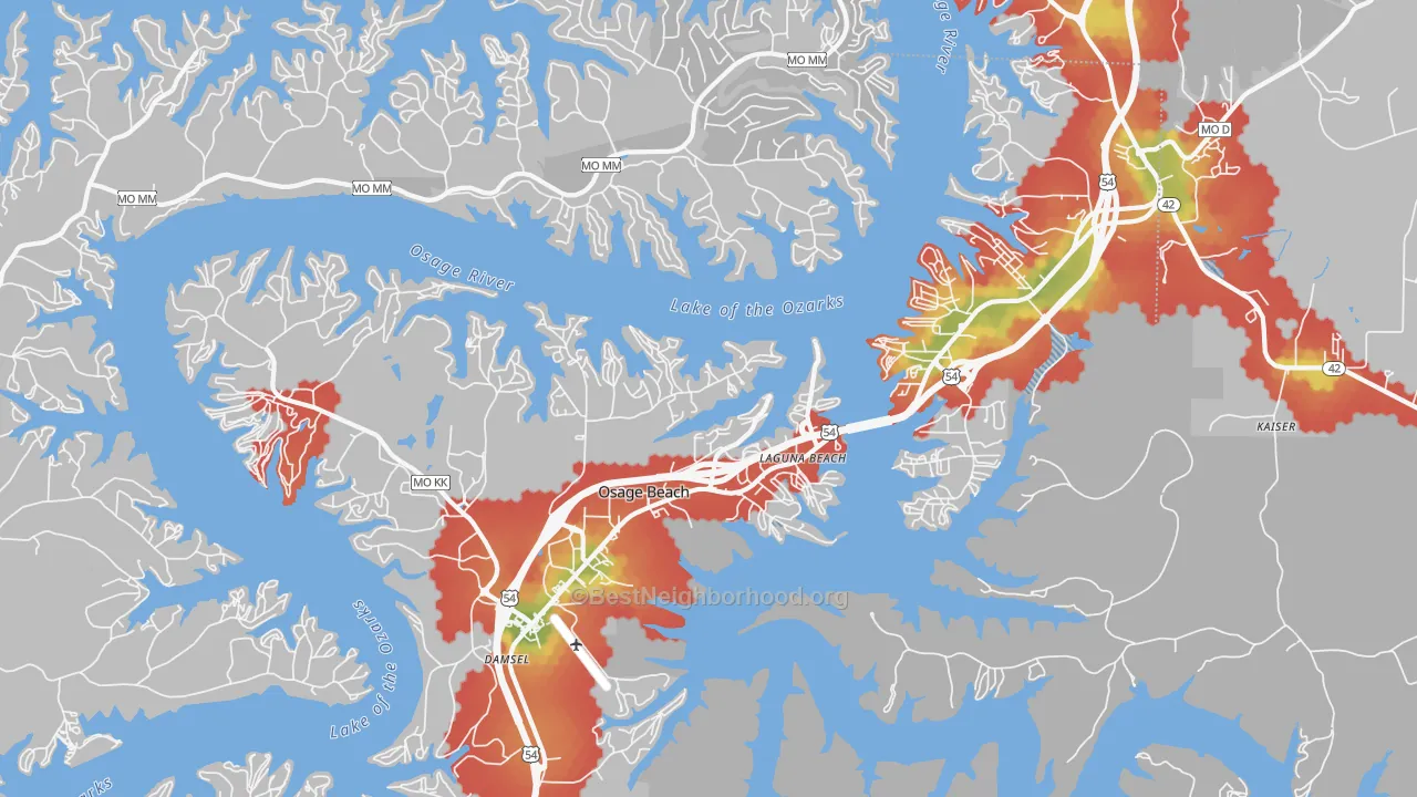 Walk Grade map of 65065, MO, walkable areas in green and car-dependent areas in red