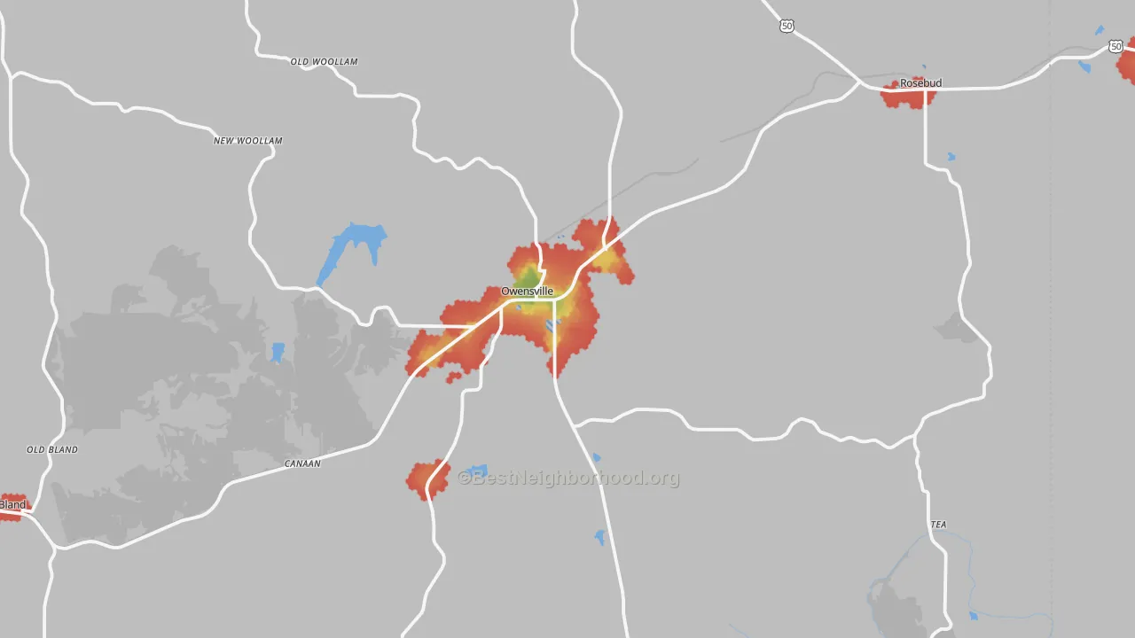Walk Grade map of 65066, MO, walkable areas in green and car-dependent areas in red