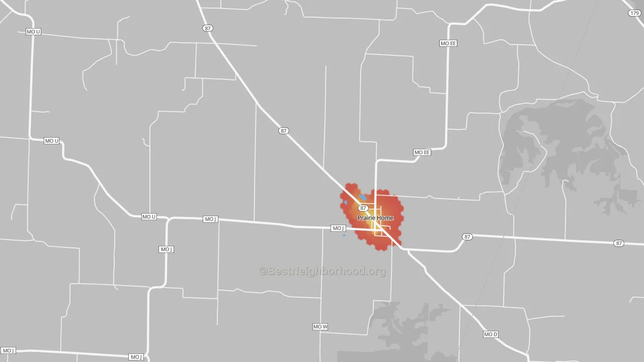 Walk Grade map of 65068, MO, walkable areas in green and car-dependent areas in red