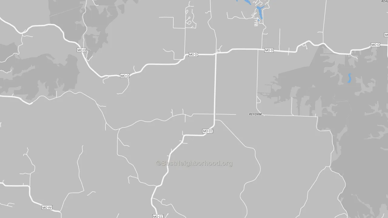 Walk Grade map of 65077, MO, walkable areas in green and car-dependent areas in red