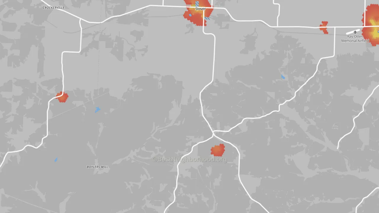 Walk Grade map of 65078, MO, walkable areas in green and car-dependent areas in red