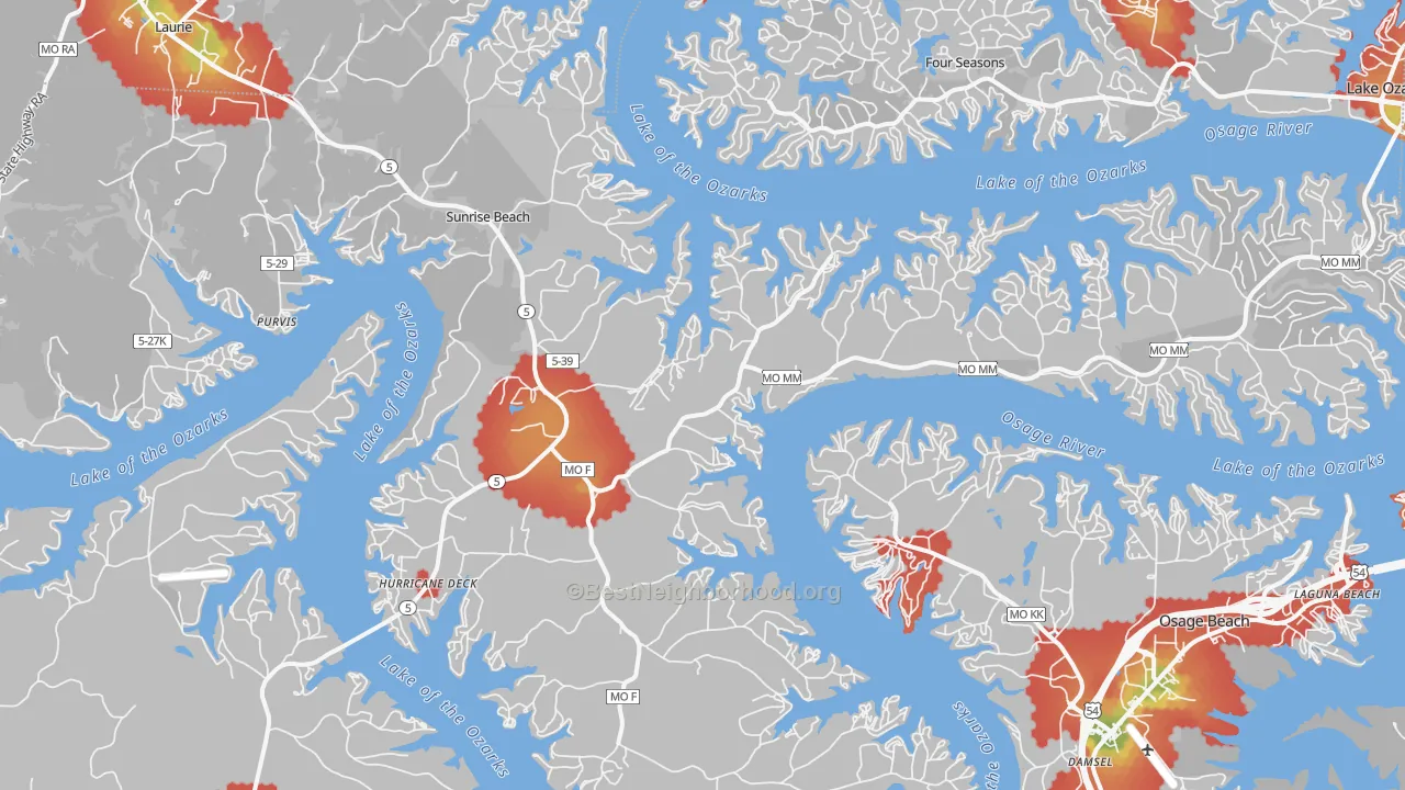 Walk Grade map of 65079, MO, walkable areas in green and car-dependent areas in red