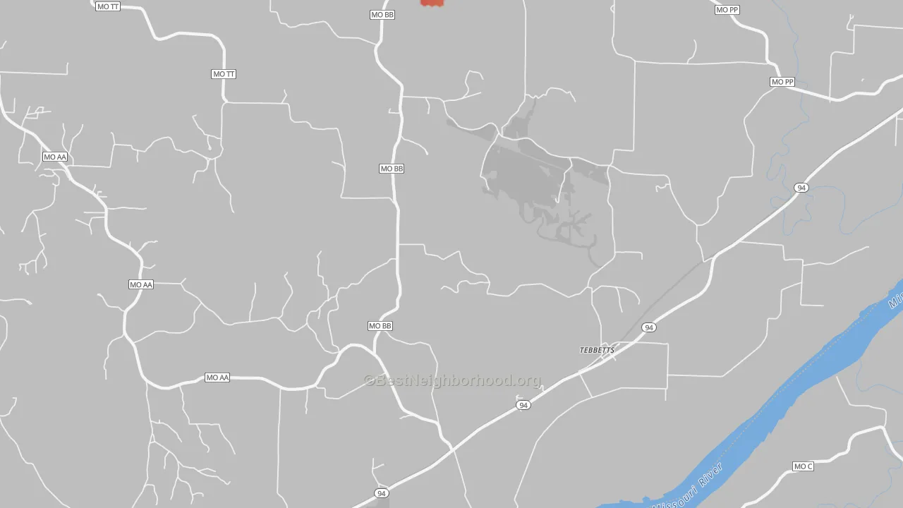 Walk Grade map of 65080, MO, walkable areas in green and car-dependent areas in red