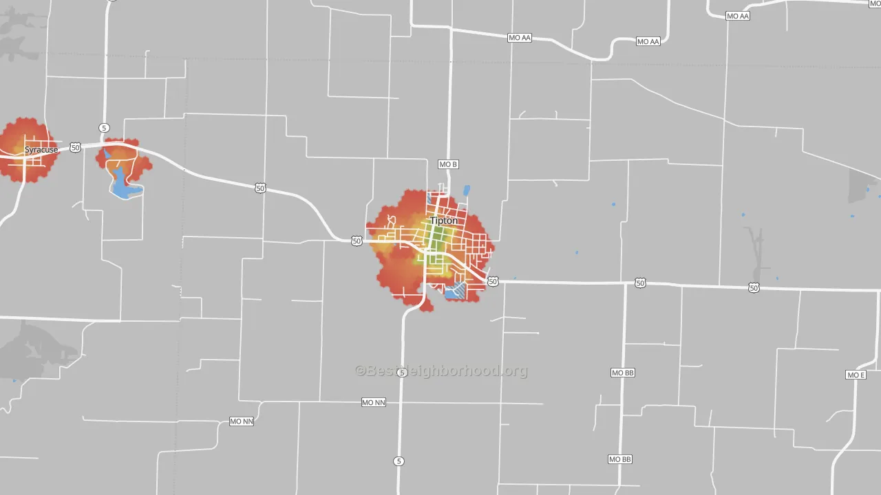 Walk Grade map of 65081, MO, walkable areas in green and car-dependent areas in red