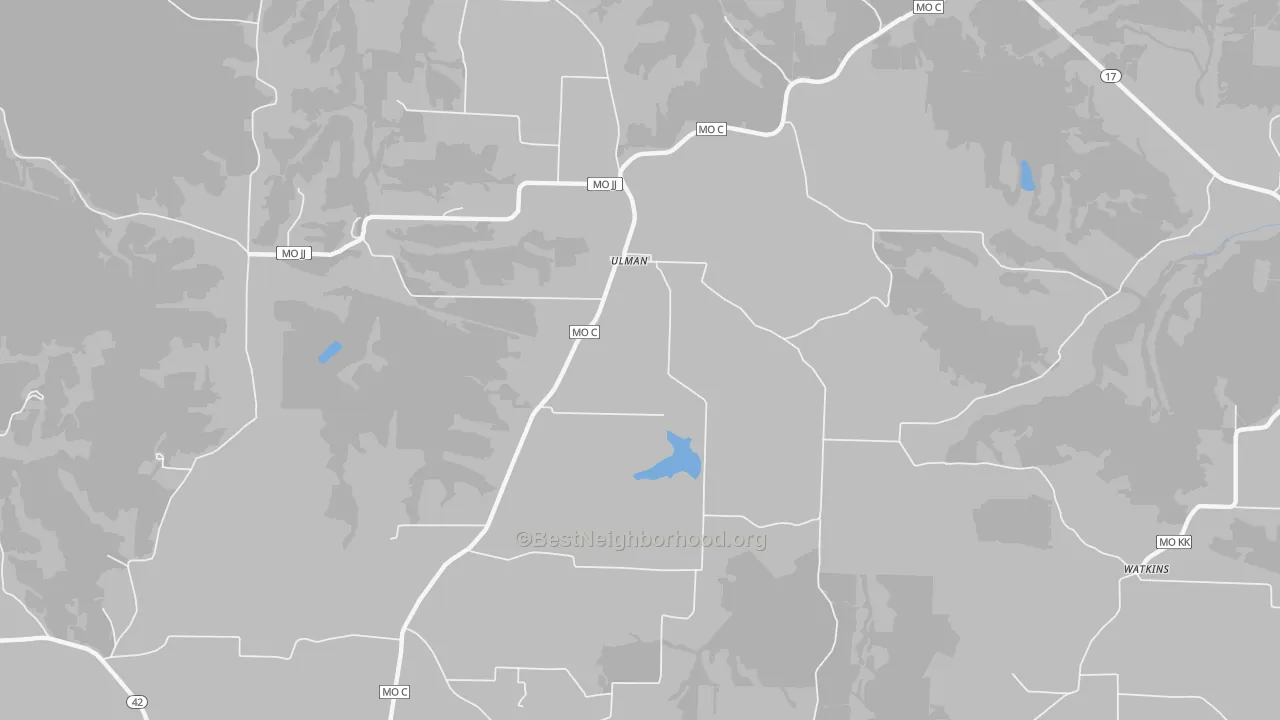 Walk Grade map of 65083, MO, walkable areas in green and car-dependent areas in red