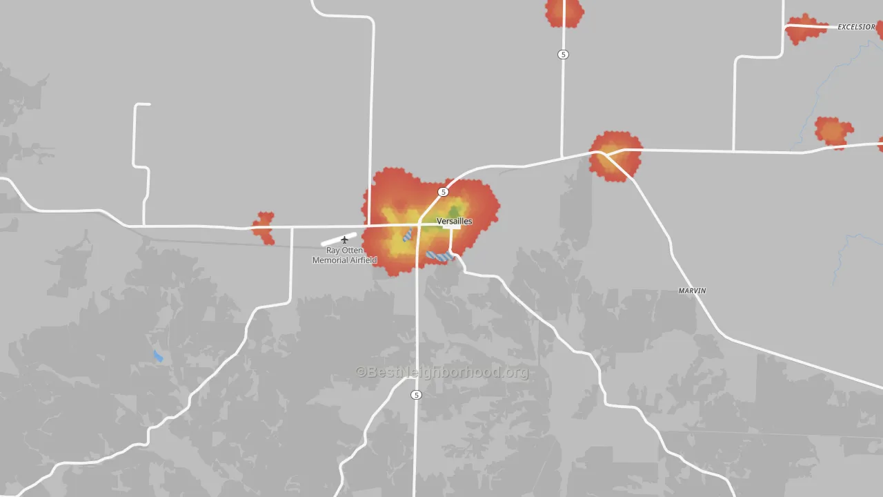 Walk Grade map of 65084, MO, walkable areas in green and car-dependent areas in red