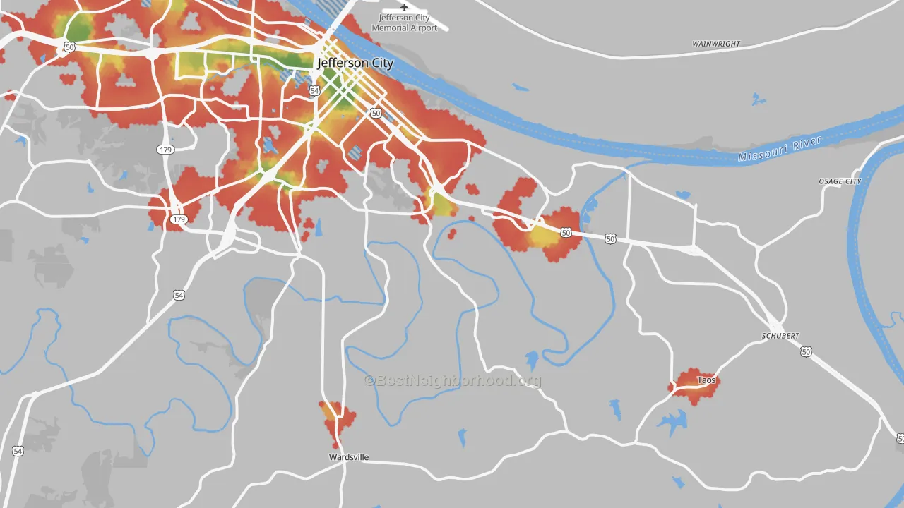 Walk Grade map of 65101, MO, walkable areas in green and car-dependent areas in red