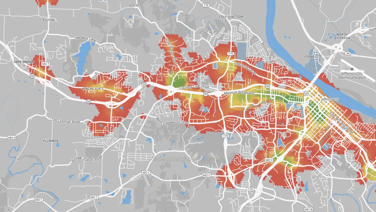 Walk Grade map of 65109, MO, walkable areas in green and car-dependent areas in red