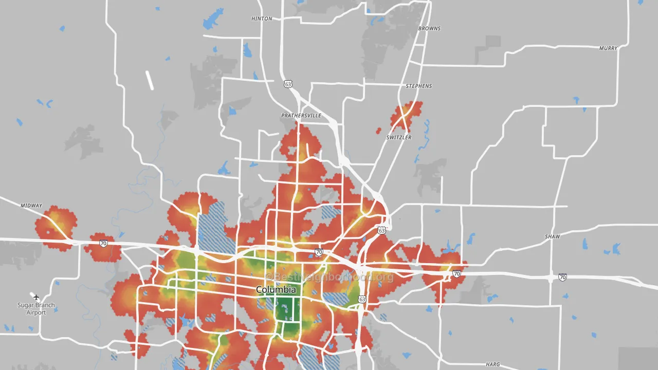 Walk Grade map of 65202, MO, walkable areas in green and car-dependent areas in red