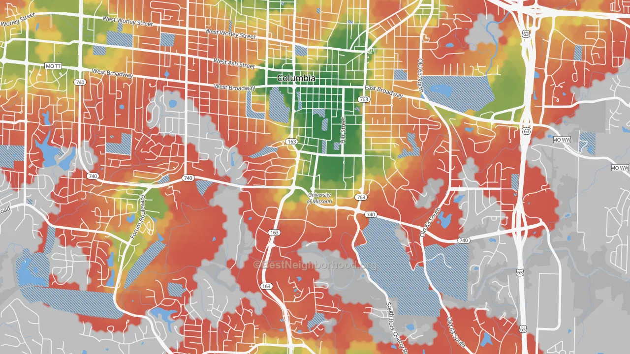 Walk Grade map of 65211, MO, walkable areas in green and car-dependent areas in red