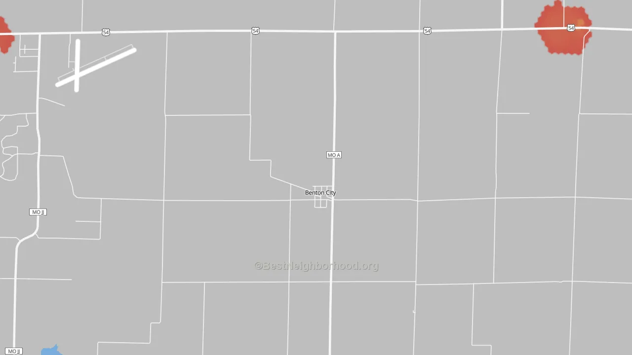 Walk Grade map of 65232, MO, walkable areas in green and car-dependent areas in red