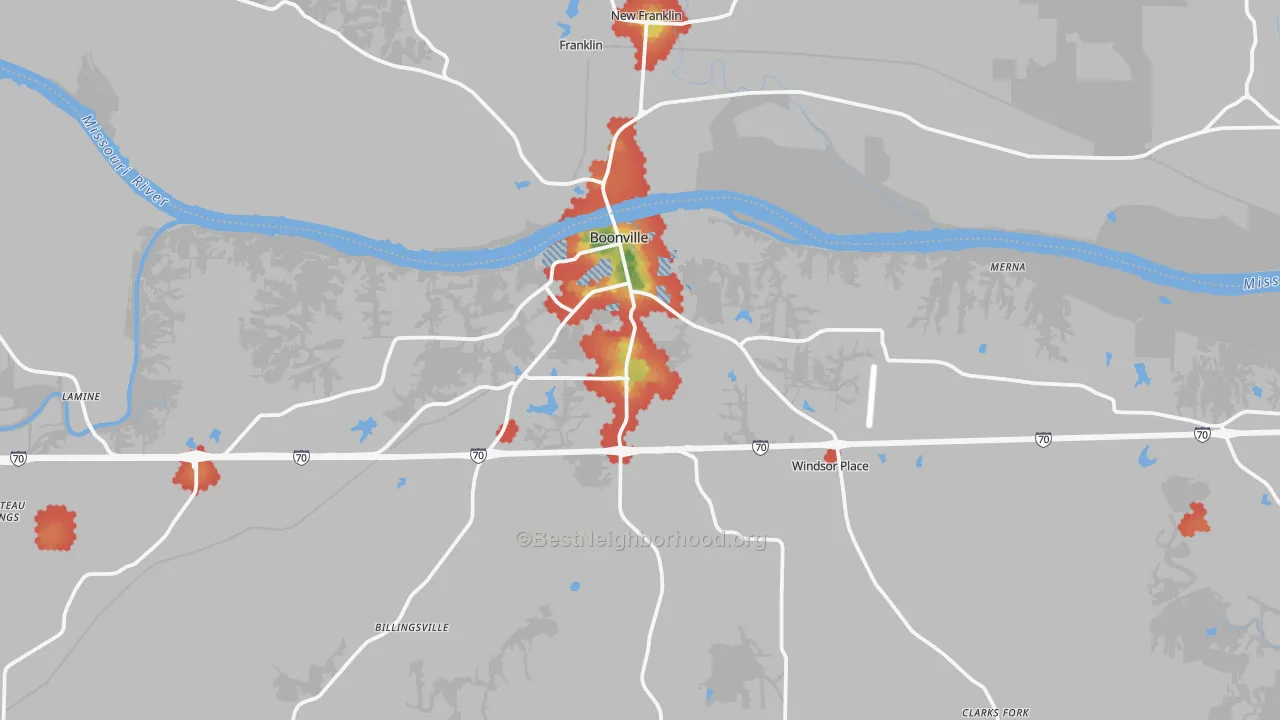 Walk Grade map of 65233, MO, walkable areas in green and car-dependent areas in red