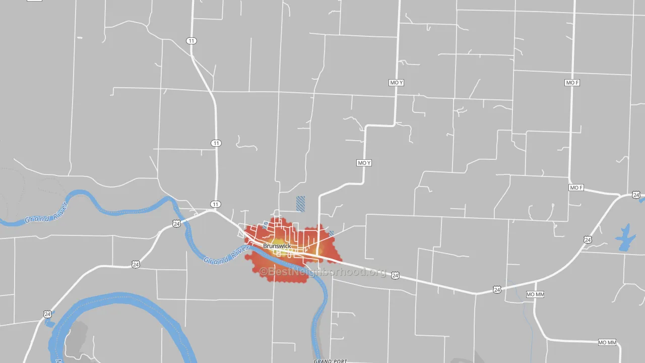 Walk Grade map of 65236, MO, walkable areas in green and car-dependent areas in red