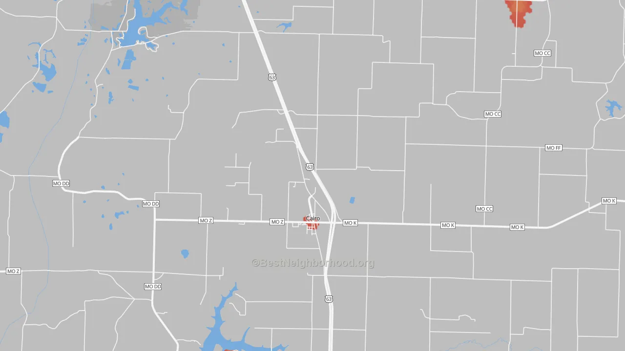 Walk Grade map of 65239, MO, walkable areas in green and car-dependent areas in red