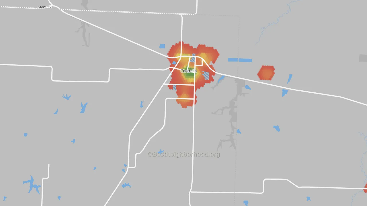 Walk Grade map of 65240, MO, walkable areas in green and car-dependent areas in red