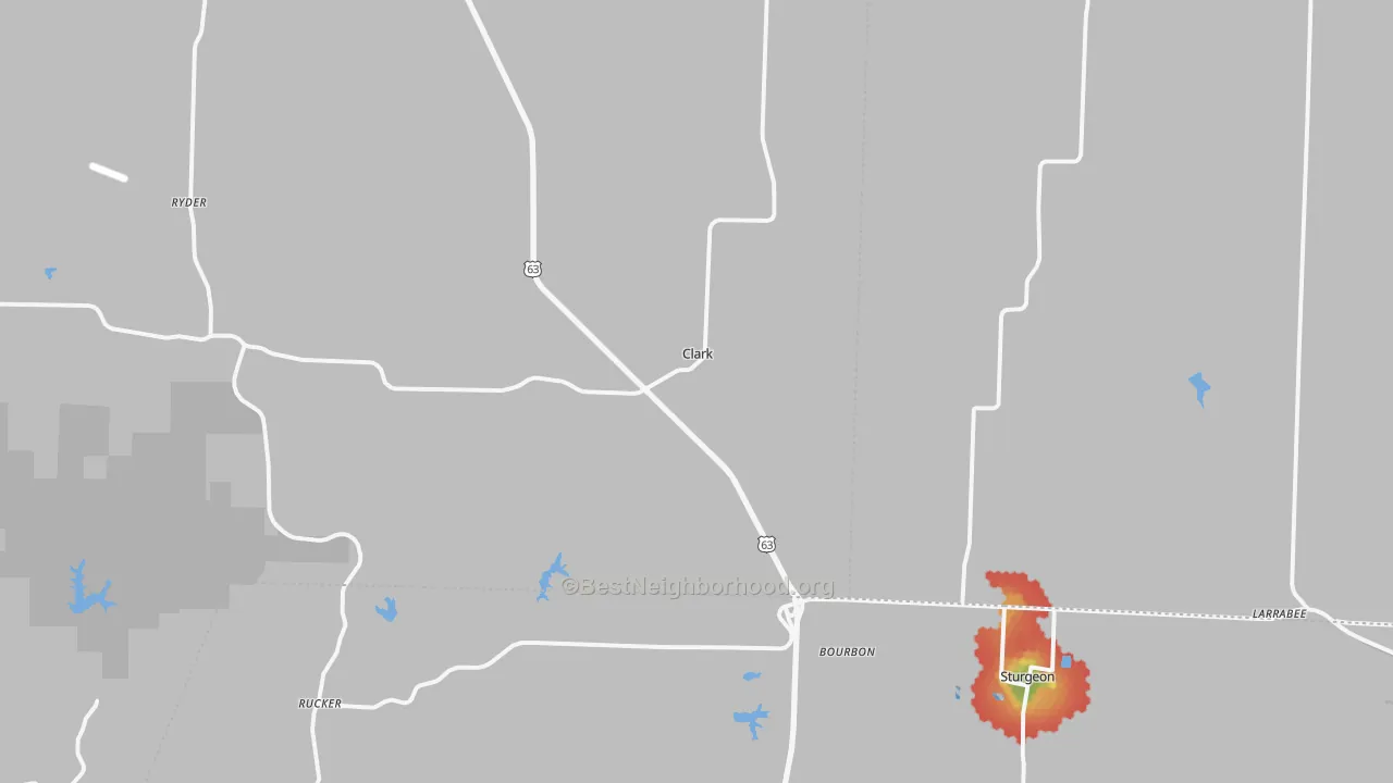 Walk Grade map of 65243, MO, walkable areas in green and car-dependent areas in red