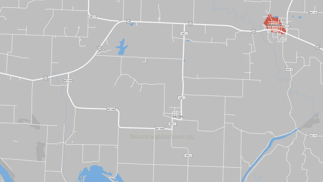 Walk Grade map of 65246, MO, walkable areas in green and car-dependent areas in red