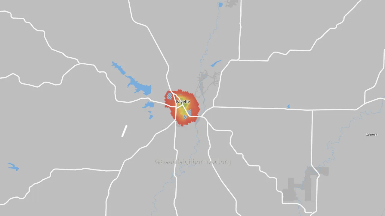 Walk Grade map of 65248, MO, walkable areas in green and car-dependent areas in red