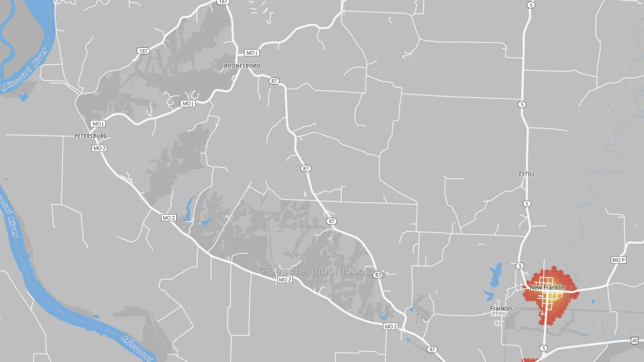 Walk Grade map of 65250, MO, walkable areas in green and car-dependent areas in red