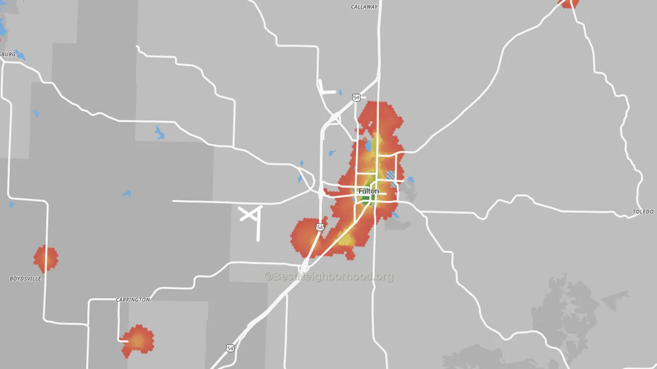 Walk Grade map of 65251, MO, walkable areas in green and car-dependent areas in red
