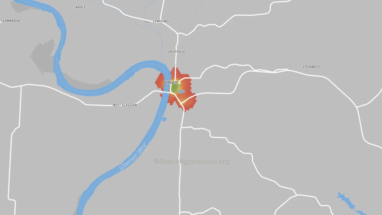 Walk Grade map of 65254, MO, walkable areas in green and car-dependent areas in red