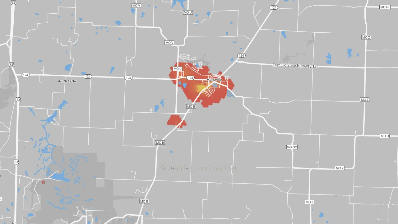 Walk Grade map of 65255, MO, walkable areas in green and car-dependent areas in red