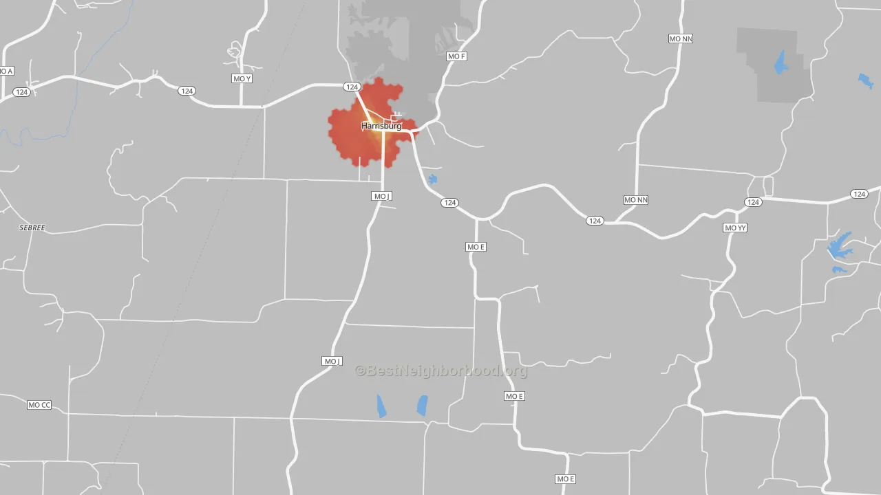 Walk Grade map of 65256, MO, walkable areas in green and car-dependent areas in red