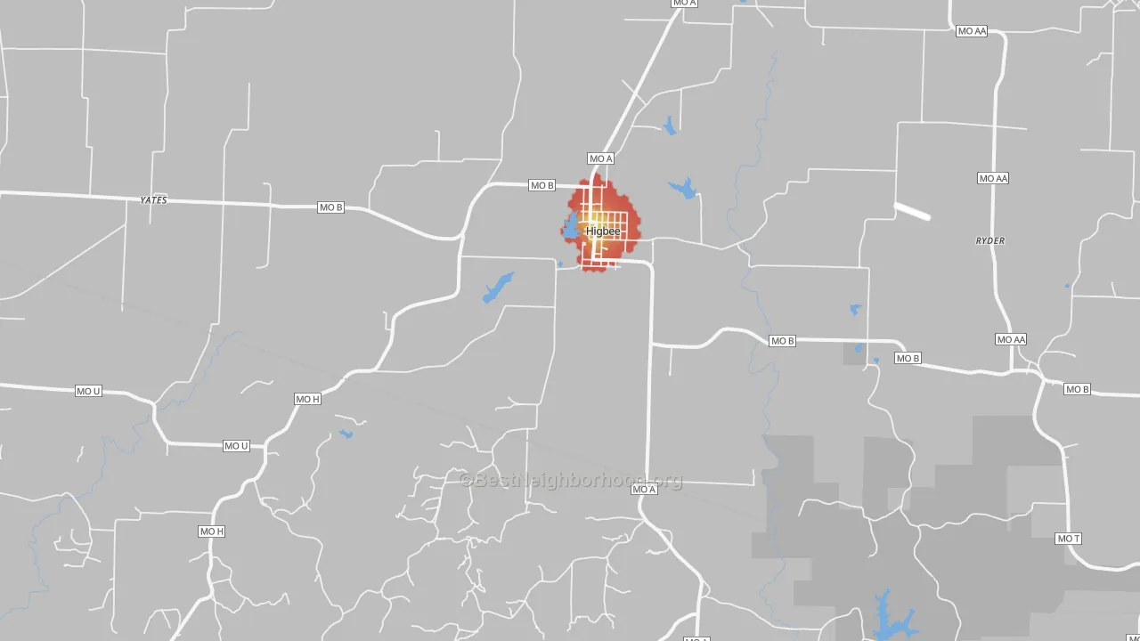 Walk Grade map of 65257, MO, walkable areas in green and car-dependent areas in red