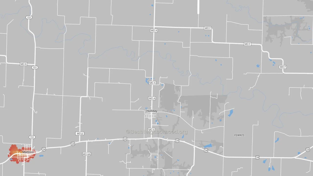 Walk Grade map of 65258, MO, walkable areas in green and car-dependent areas in red