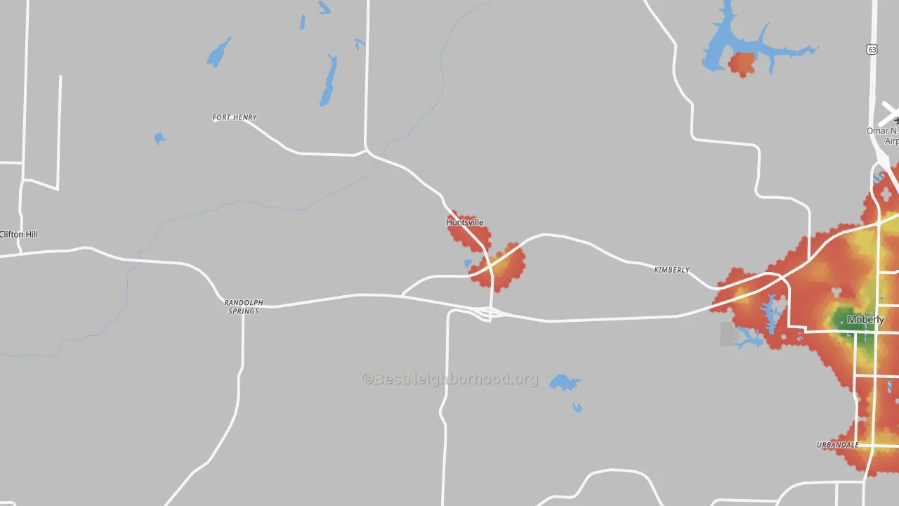 Walk Grade map of 65259, MO, walkable areas in green and car-dependent areas in red