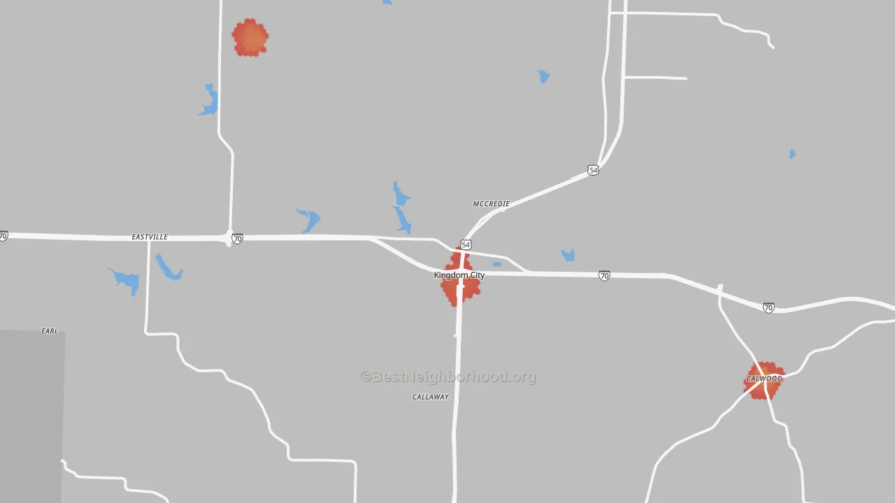 Walk Grade map of 65262, MO, walkable areas in green and car-dependent areas in red