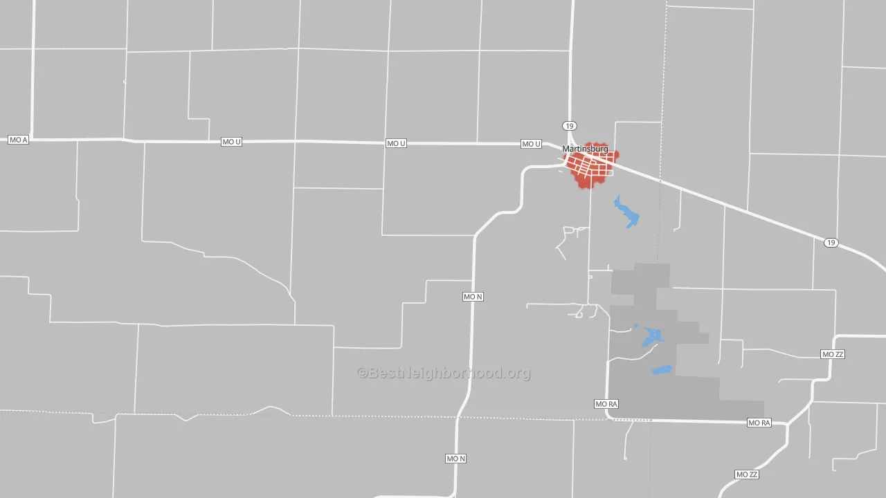 Walk Grade map of 65264, MO, walkable areas in green and car-dependent areas in red