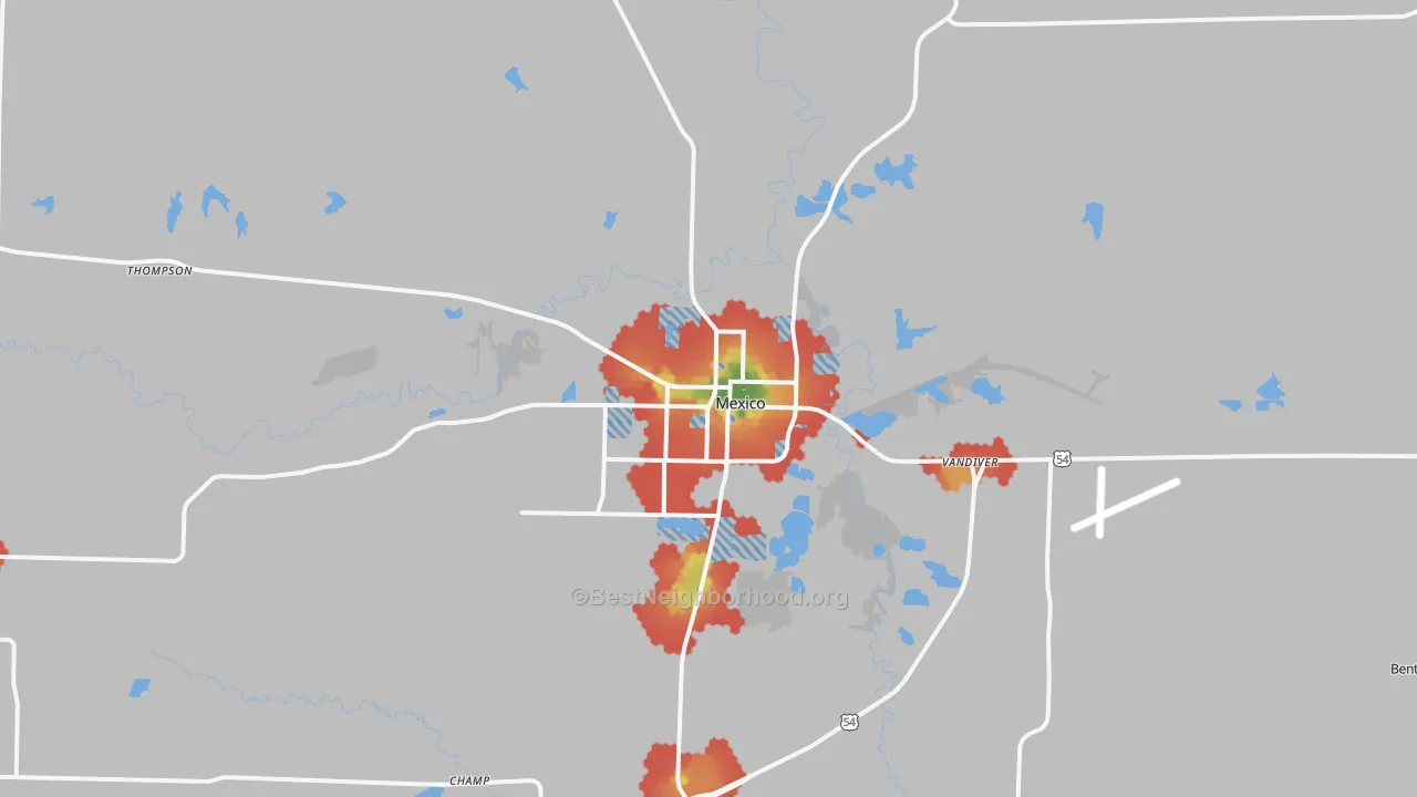 Walk Grade map of 65265, MO, walkable areas in green and car-dependent areas in red