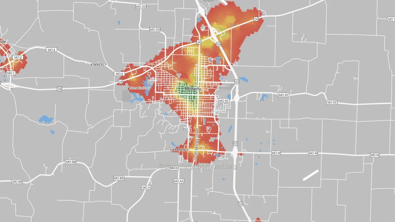 Walk Grade map of 65270, MO, walkable areas in green and car-dependent areas in red