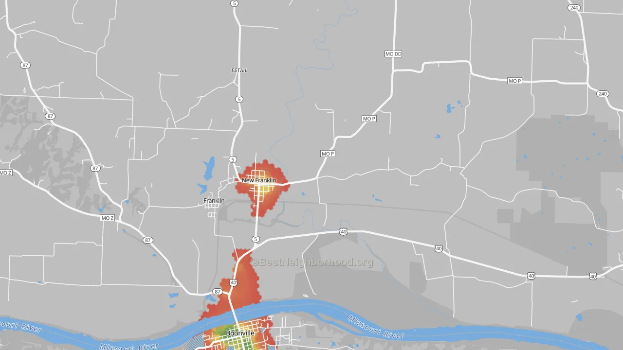 Walk Grade map of 65274, MO, walkable areas in green and car-dependent areas in red