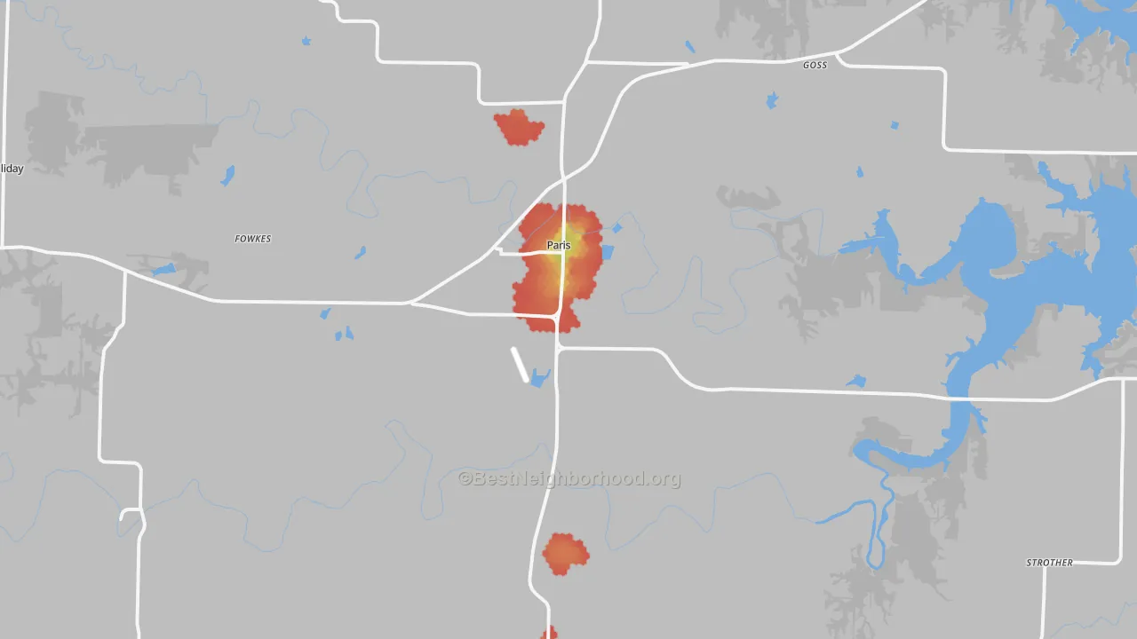 Walk Grade map of 65275, MO, walkable areas in green and car-dependent areas in red
