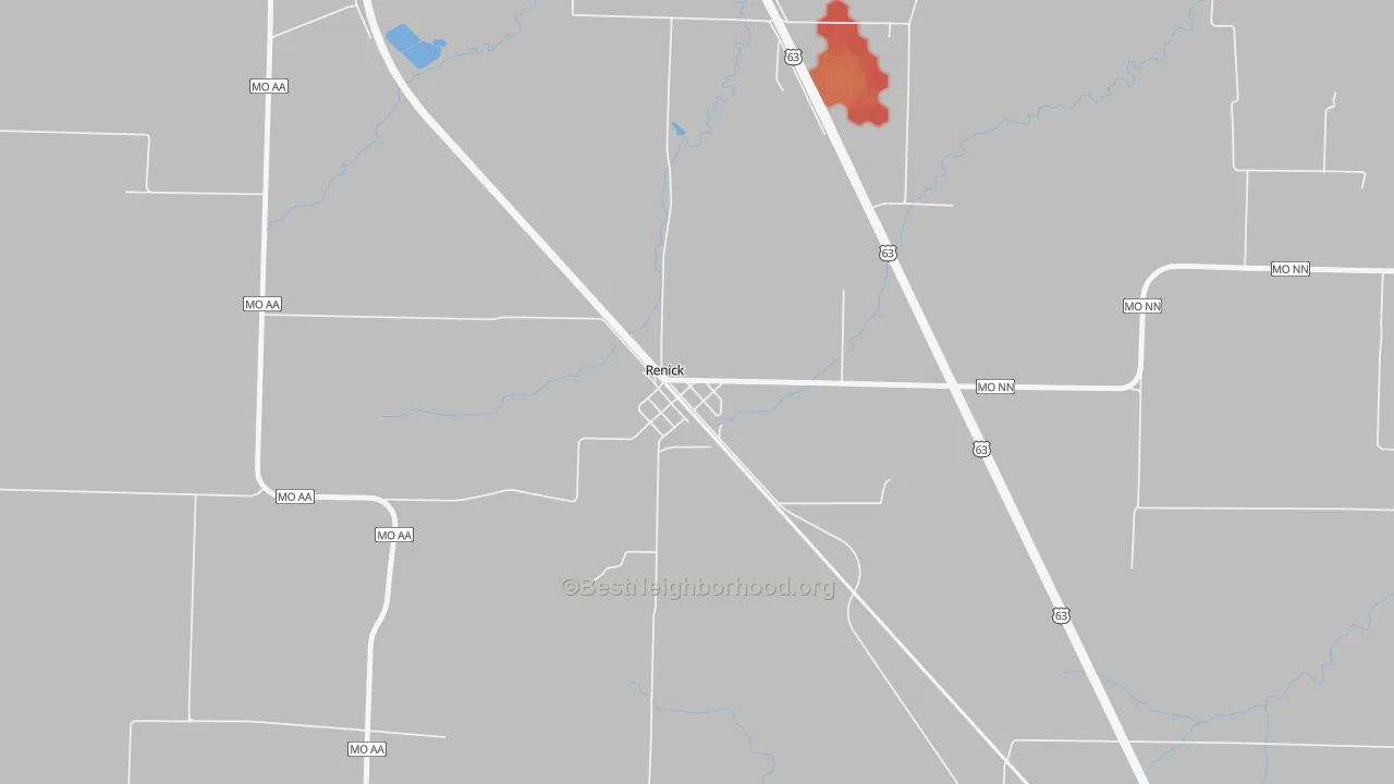 Walk Grade map of 65278, MO, walkable areas in green and car-dependent areas in red