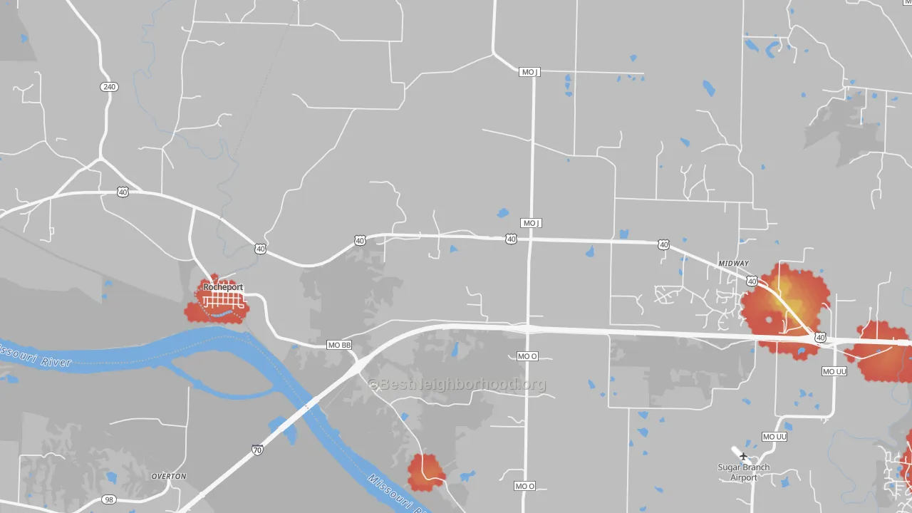 Walk Grade map of 65279, MO, walkable areas in green and car-dependent areas in red