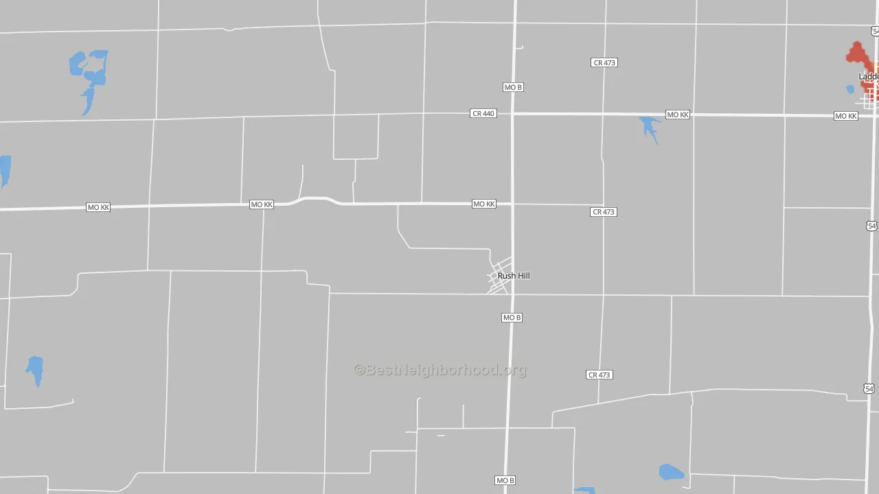 Walk Grade map of 65280, MO, walkable areas in green and car-dependent areas in red