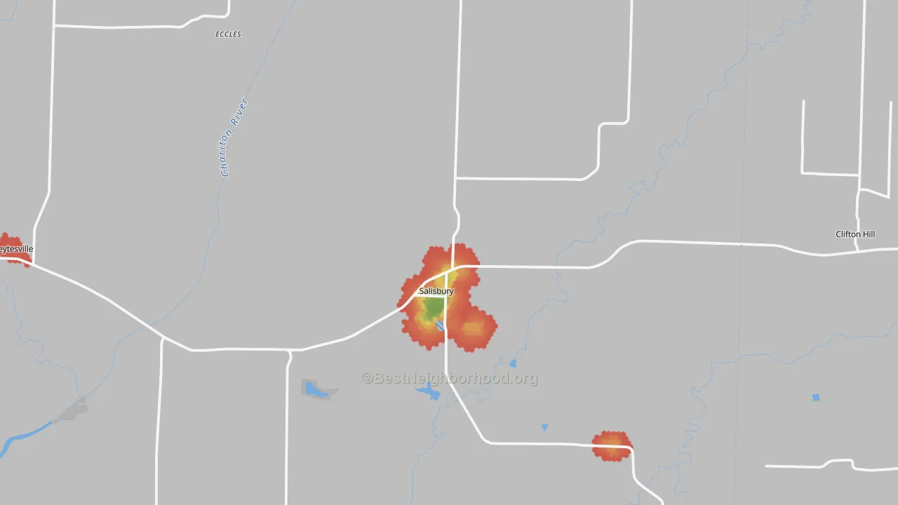 Walk Grade map of 65281, MO, walkable areas in green and car-dependent areas in red