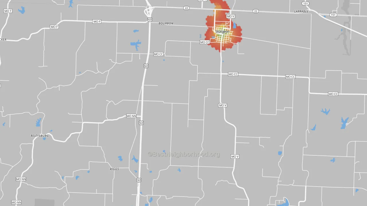 Walk Grade map of 65284, MO, walkable areas in green and car-dependent areas in red
