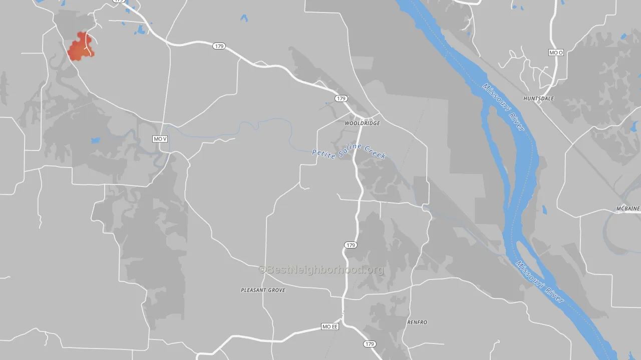 Walk Grade map of 65287, MO, walkable areas in green and car-dependent areas in red