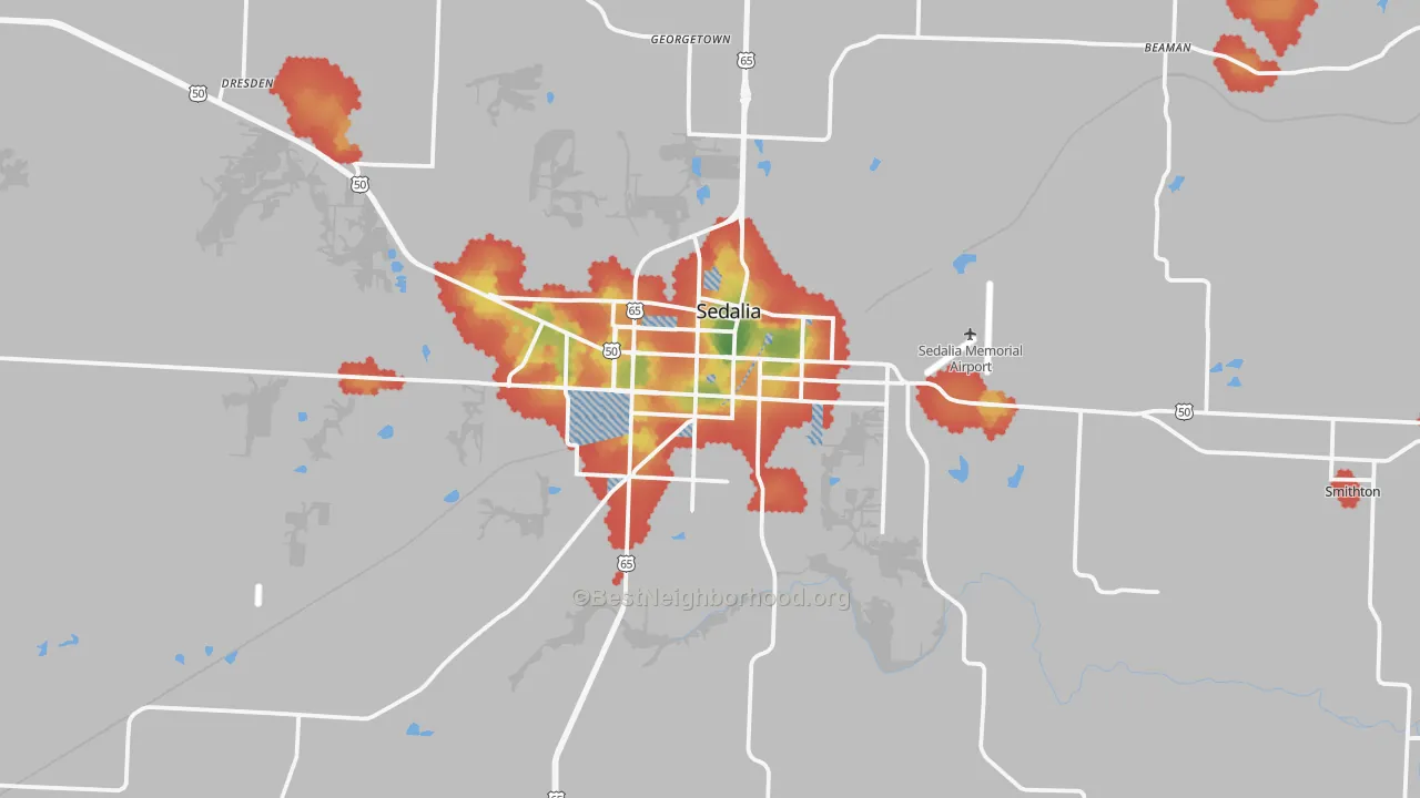 Walk Grade map of 65301, MO, walkable areas in green and car-dependent areas in red